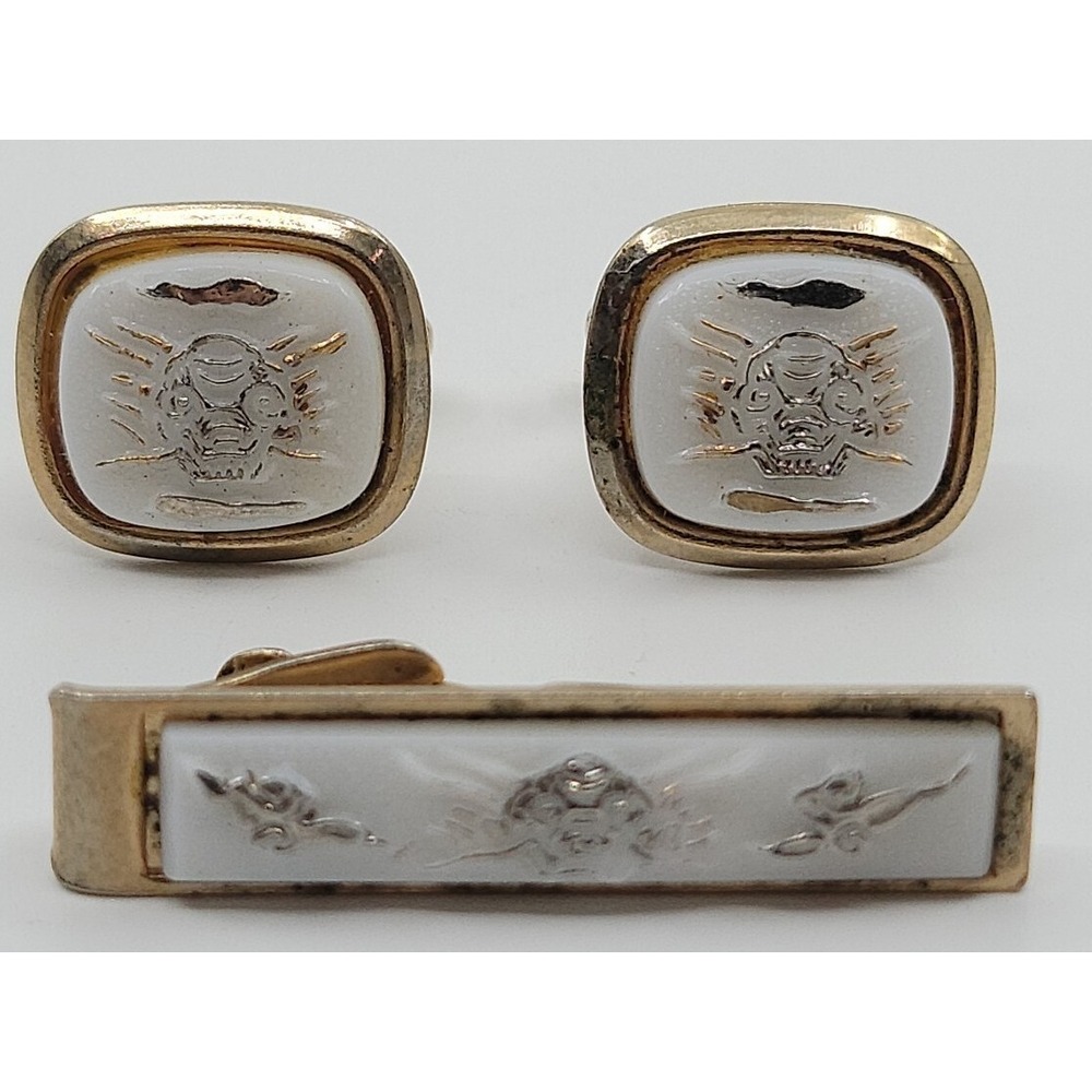 GOLD TONE & WHITE JAPANESE PATTERN CUFFLINKS & TIE CLASP SET ESTATE‎ FIND